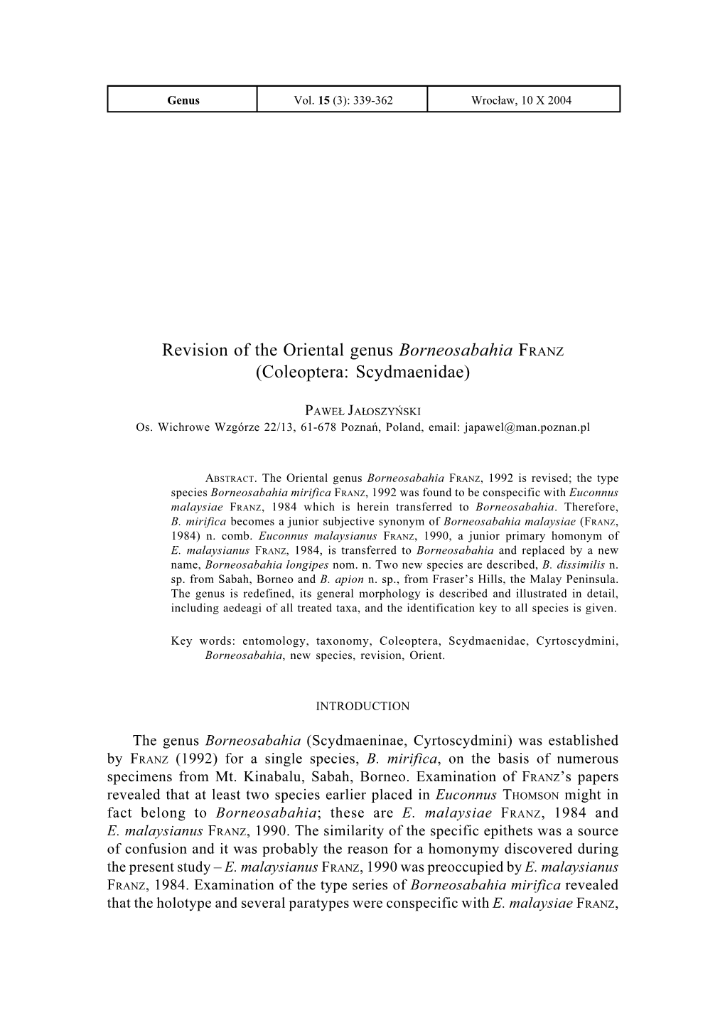 Revision of the Oriental Genus Borneosabahia FRANZ (Coleoptera: Scydmaenidae)