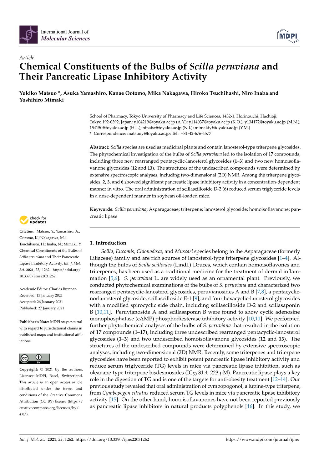 Chemical Constituents of the Bulbs of Scilla Peruviana and Their Pancreatic Lipase Inhibitory Activity