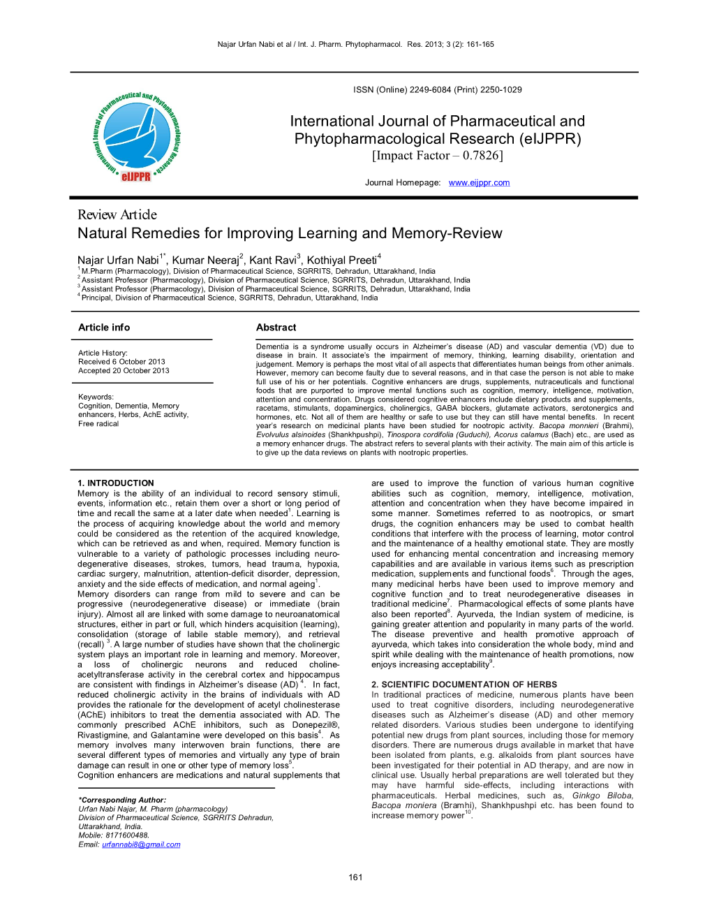 Natural Remedies for Improving Learning and Memory-Review International Journal of Pharmaceutical and Phytopharmacological Resea