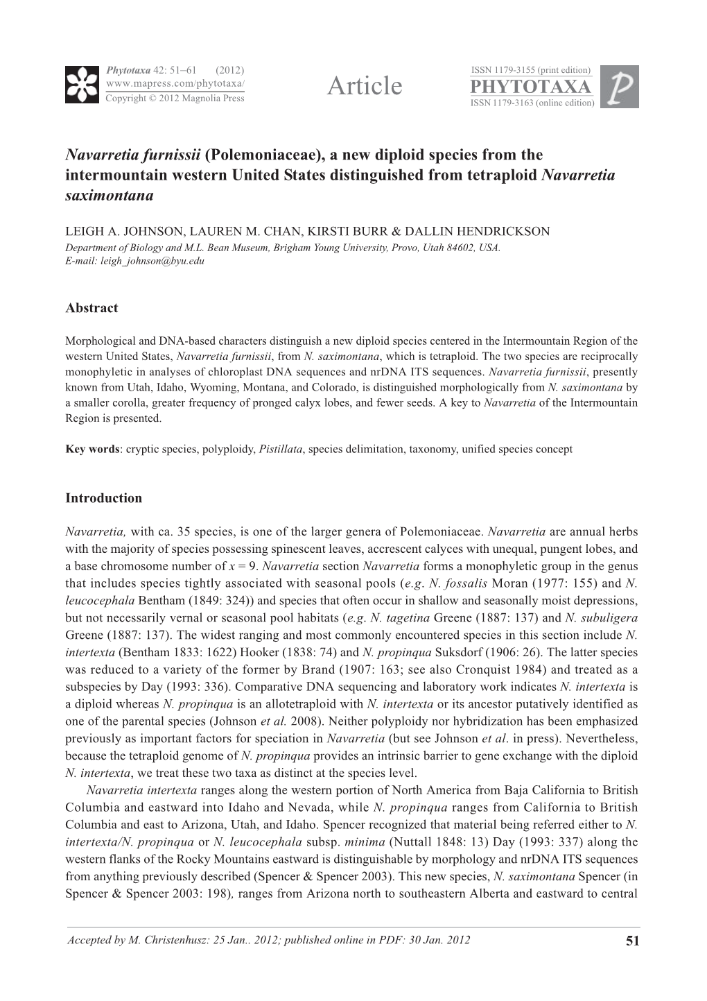 Article PHYTOTAXA Copyright © 2012 Magnolia Press ISSN 1179-3163 (Online Edition)