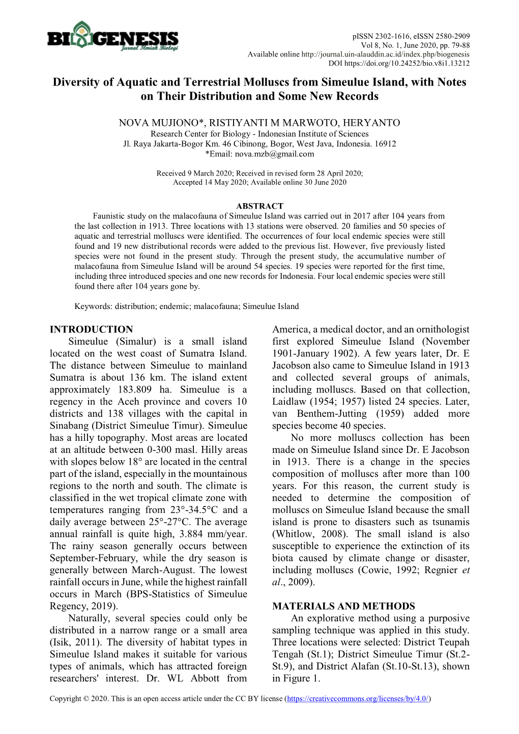 Diversity of Aquatic and Terrestrial Molluscs from Simeulue Island, with Notes on Their Distribution and Some New Records