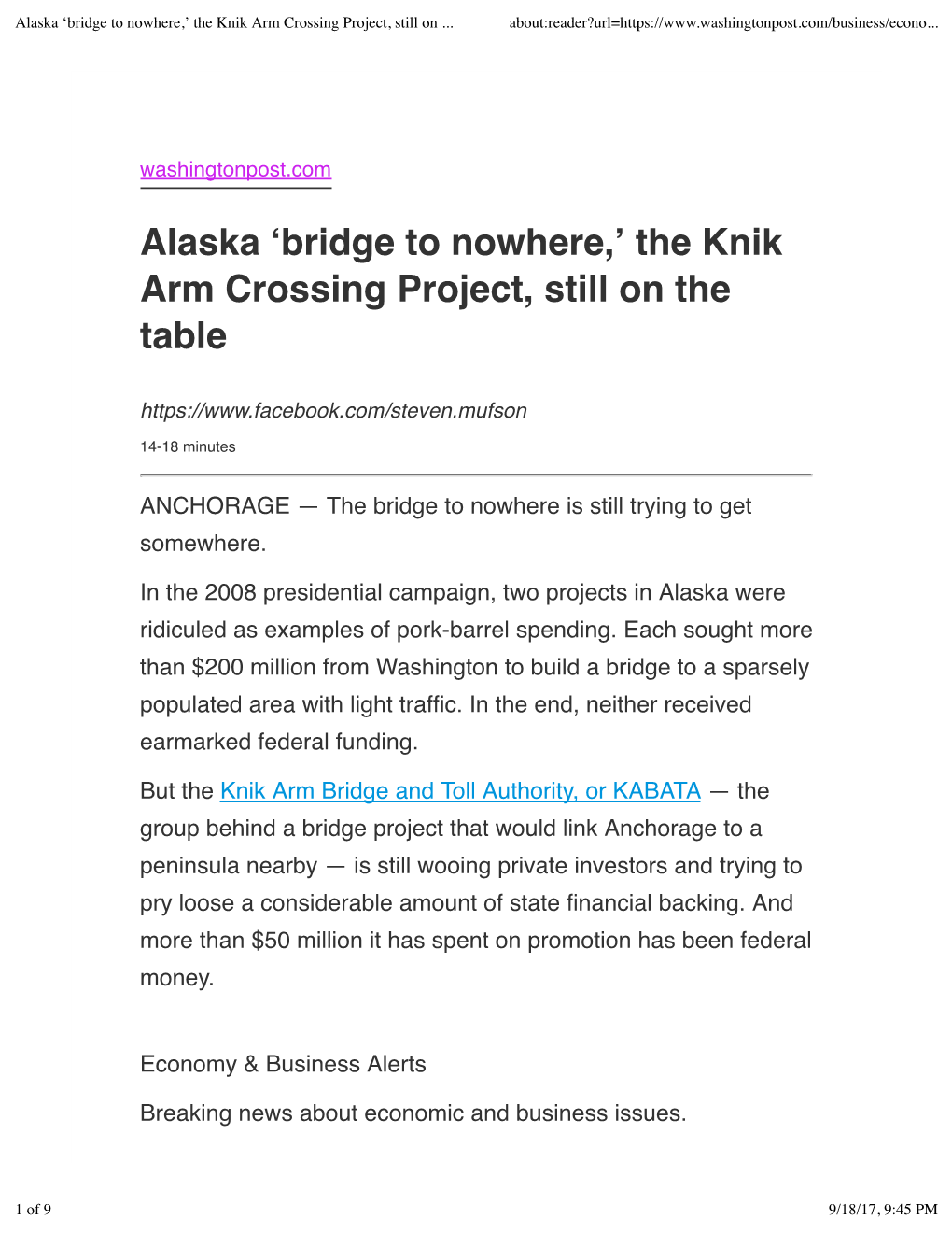 Alaska 'Bridge to Nowhere,' the Knik Arm Crossing Project, Still on the Table