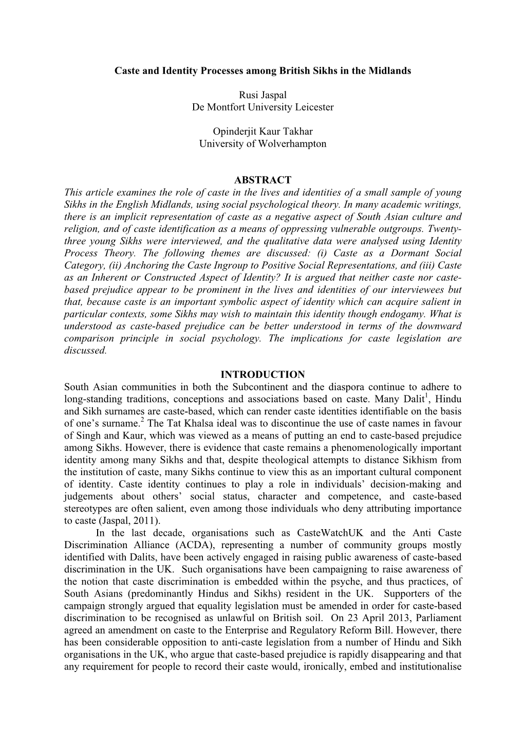 Caste and Identity Processes Among British Sikhs in the Midlands Rusi