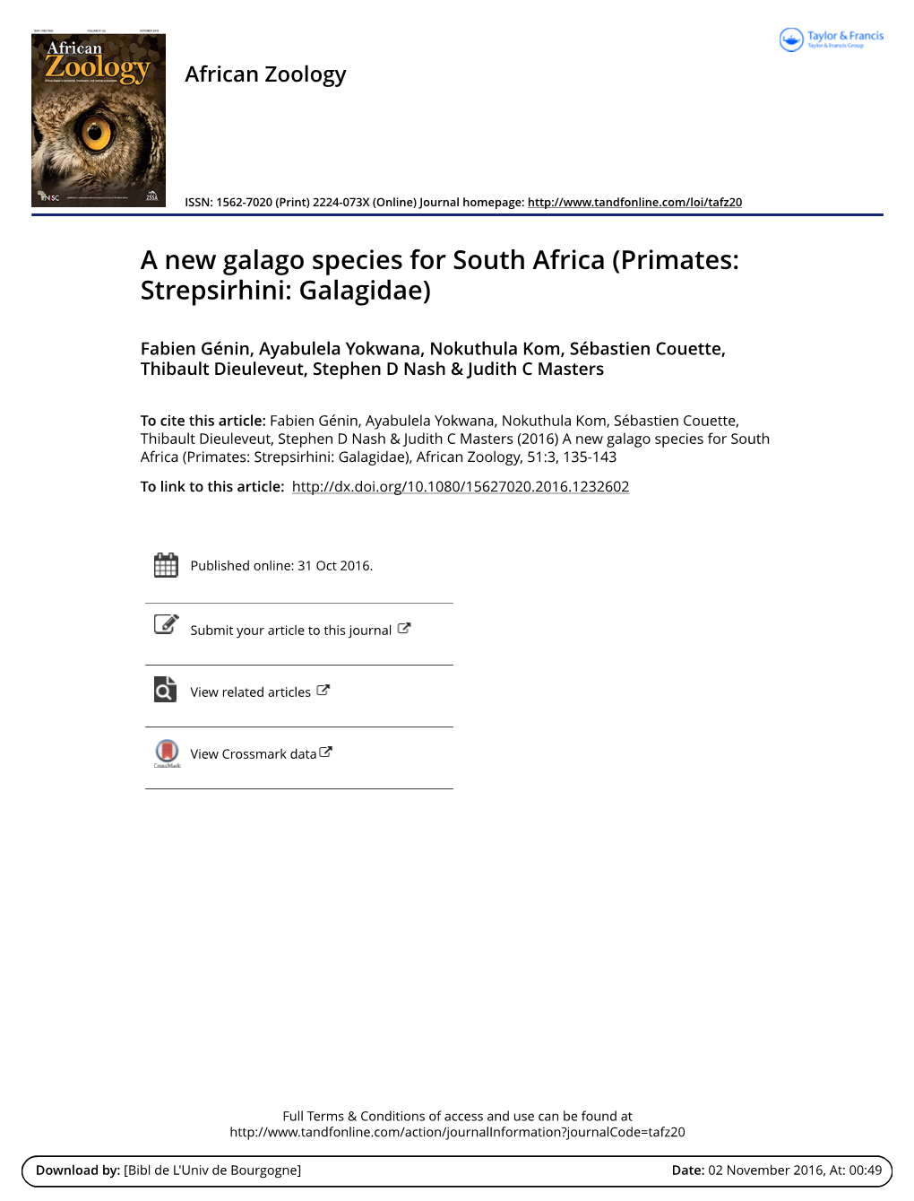 A New Galago Species for South Africa (Primates: Strepsirhini: Galagidae)