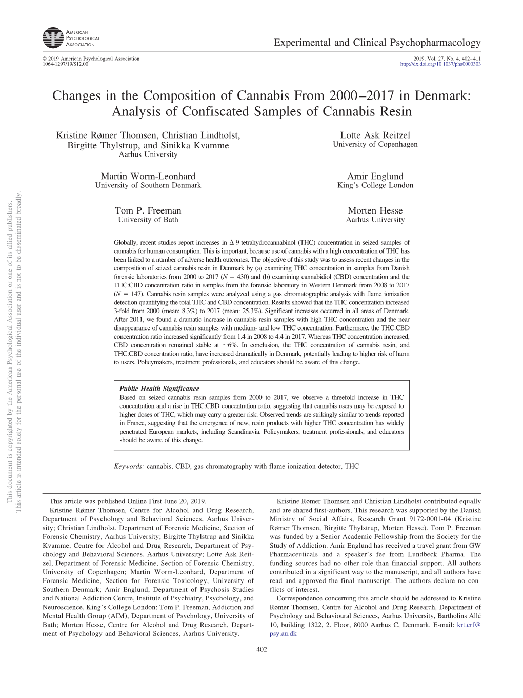 Changes in the Composition of Cannabis from 2000–2017 in Denmark: Analysis of Confiscated Samples of Cannabis Resin