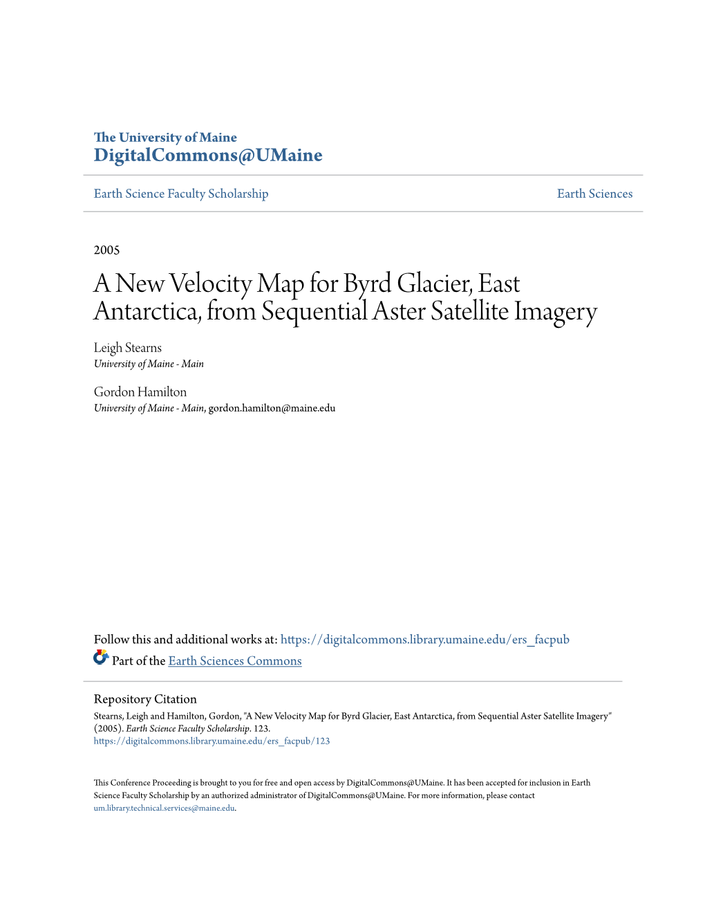 A New Velocity Map for Byrd Glacier, East Antarctica, from Sequential Aster Satellite Imagery Leigh Stearns University of Maine - Main