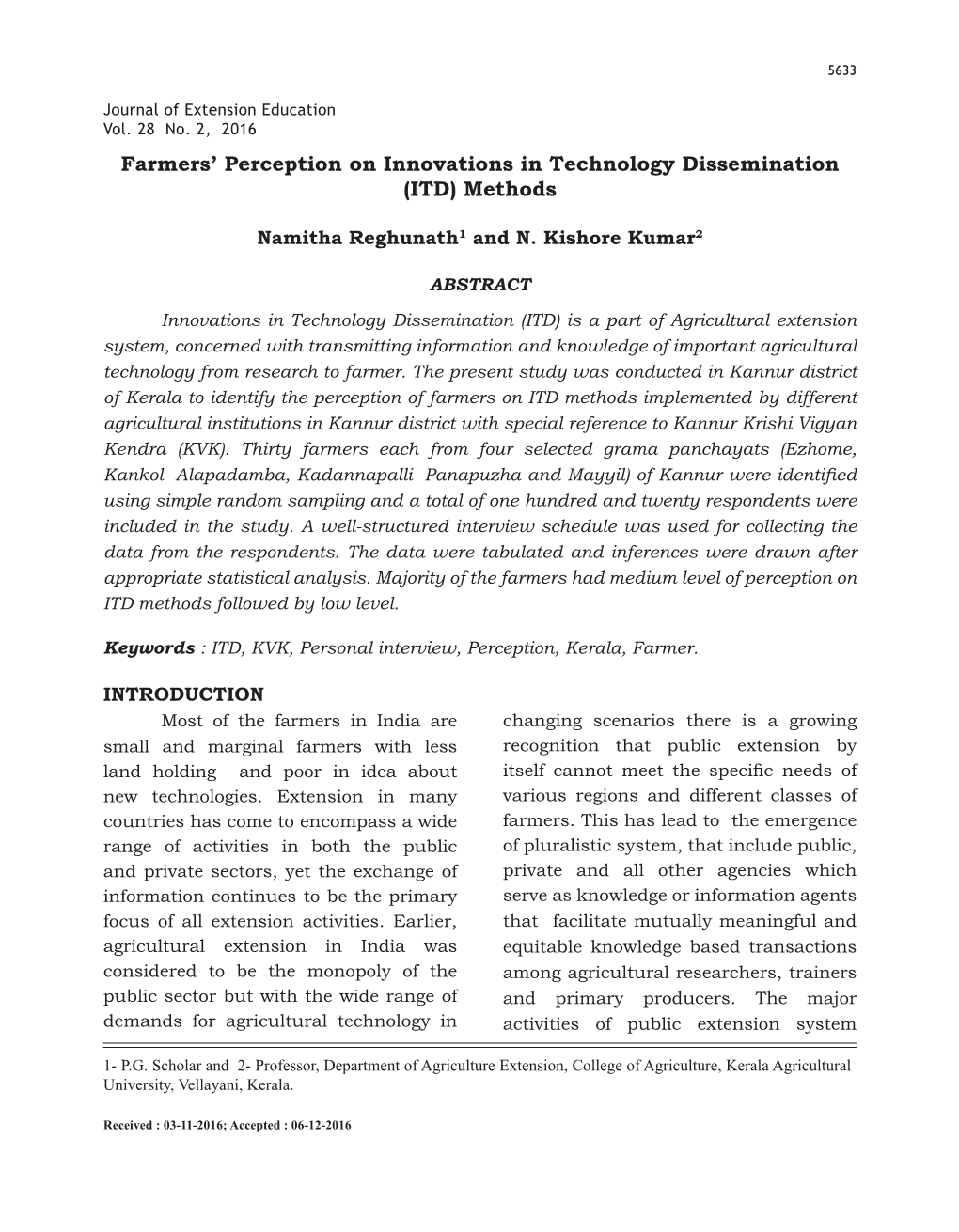 Farmers' Perception on Innovations in Technology