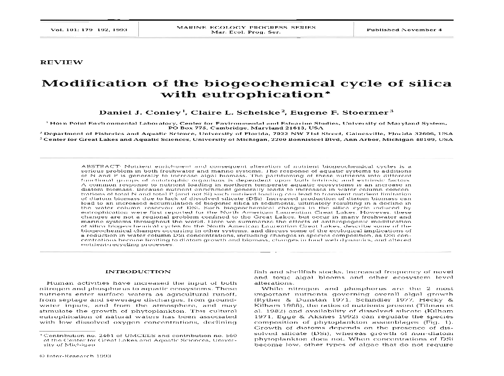 Modification of the Biogeochemical Cycle of Silica with Eutrophication*