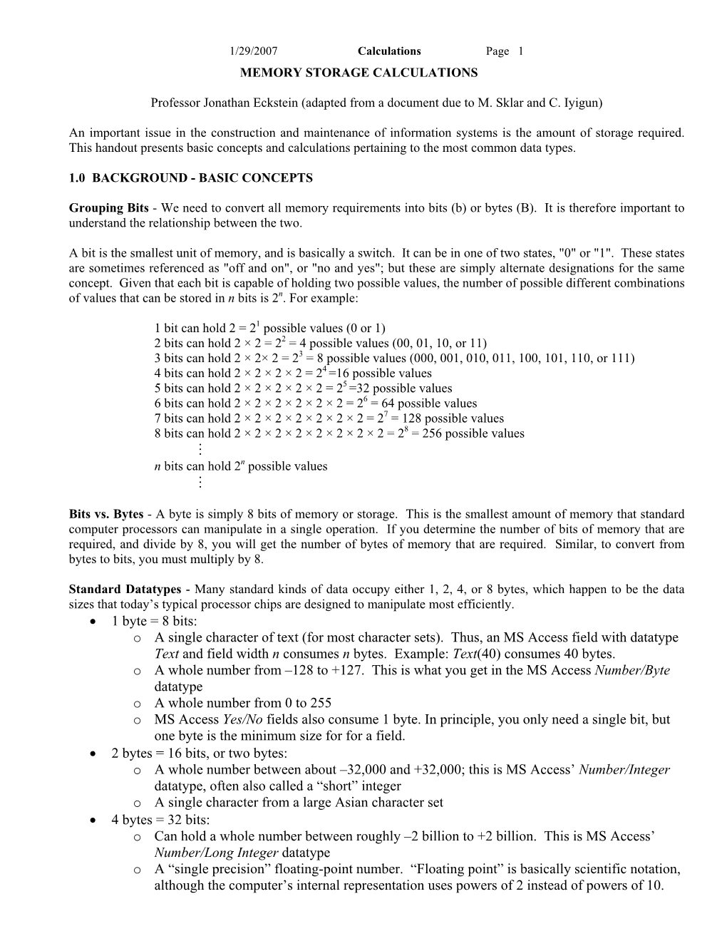 Memory Storage Calculations