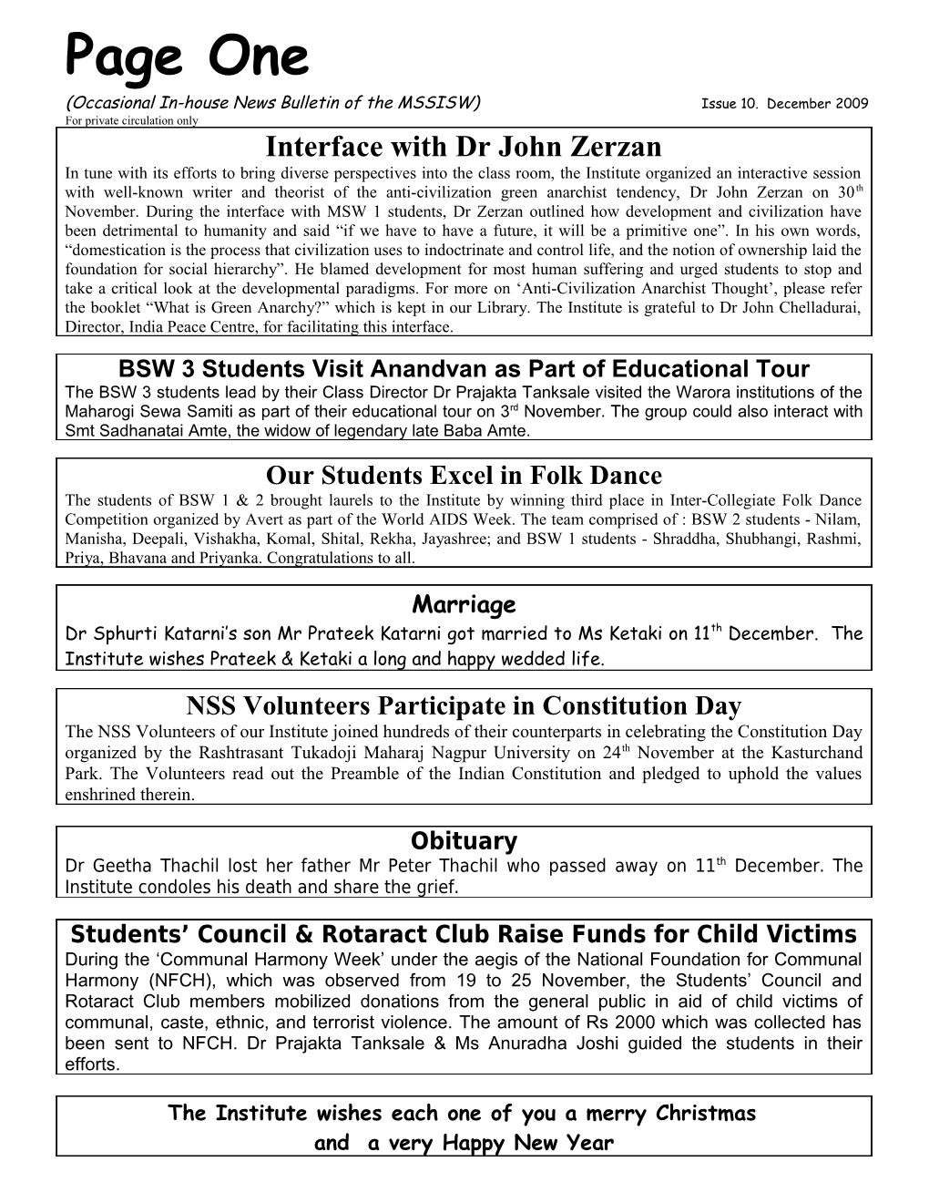 (Occasional In-House News Bulletin of the MSSISW) Issue 10. December 2009