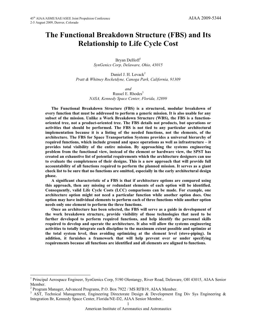 The Functional Breakdown Structure (FBS) and Its Relationship to Life Cycle Cost