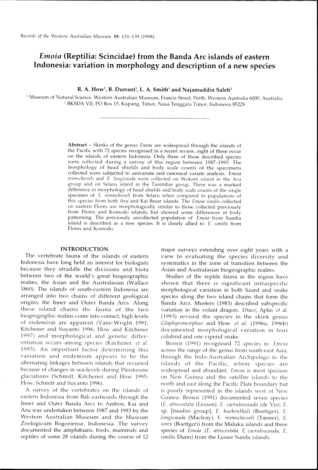 Emoia (Reptilia: Scincidae) from the Banda Arc Islands of Eastern Indonesia: Variation in Morphology and Description of a New Species