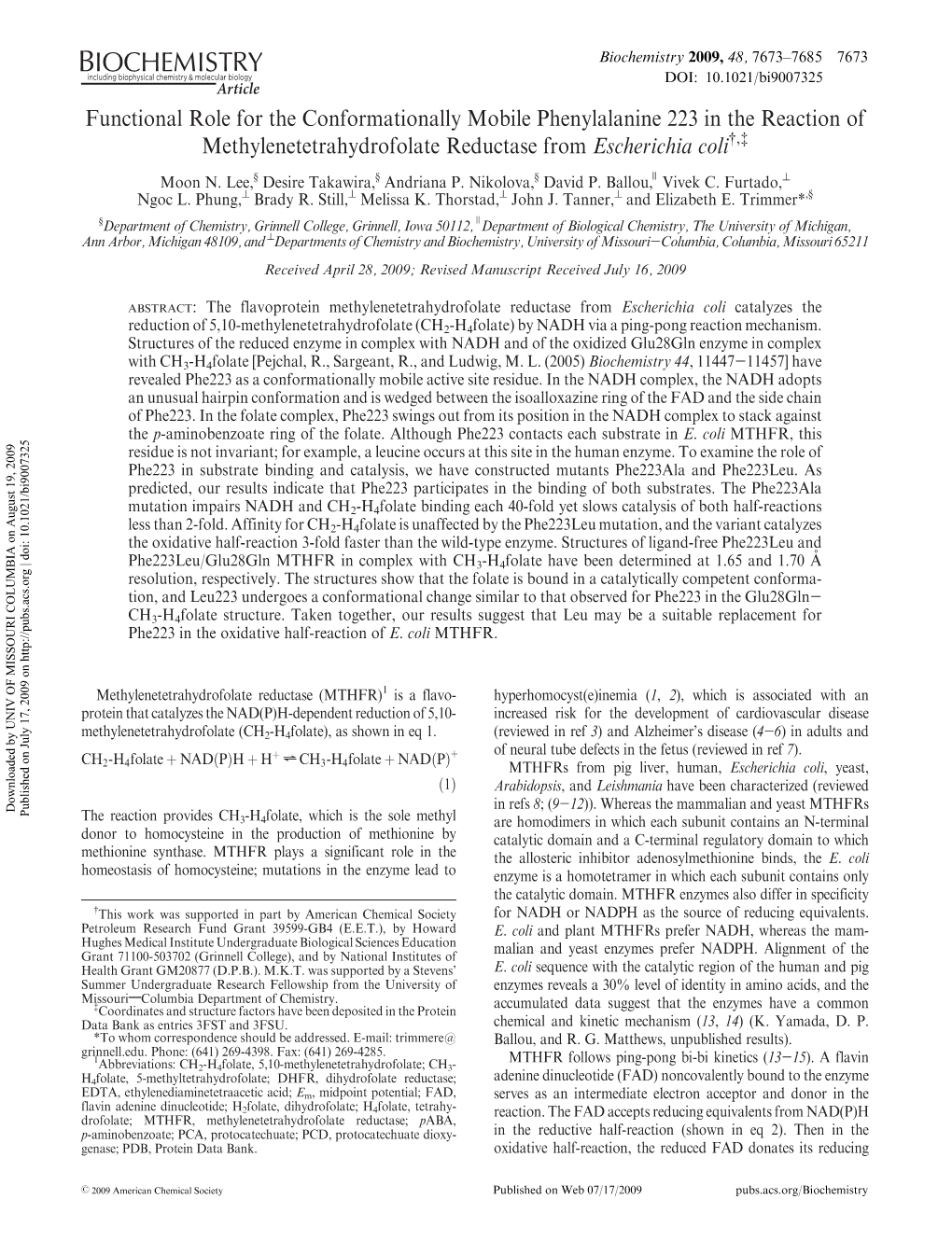 Functional Role for the Conformationally Mobile Phenylalanine 223 in the Reaction of Methylenetetrahydrofolate Reductase from Escherichia Coli†,‡