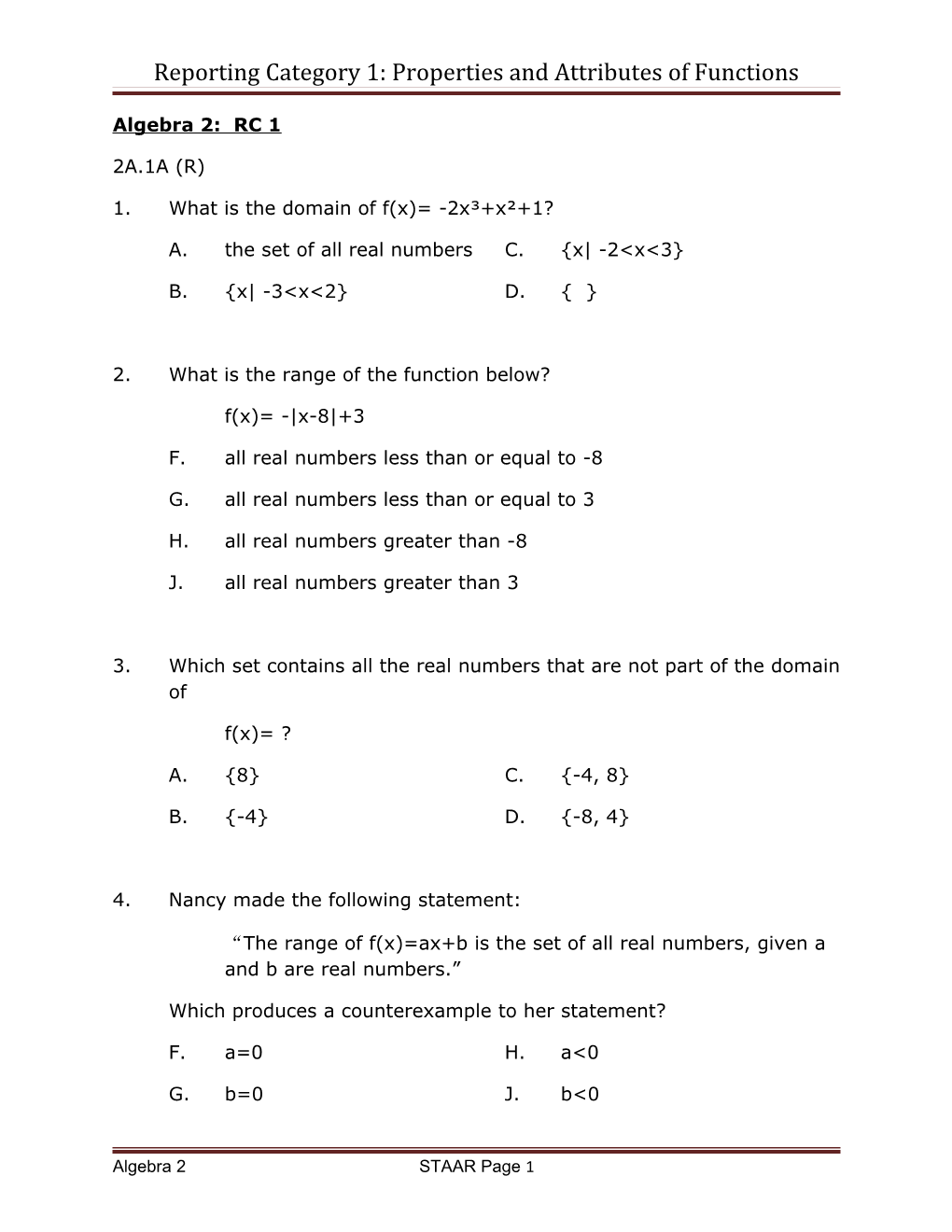 Reporting Category 1: Properties and Attributes of Functions