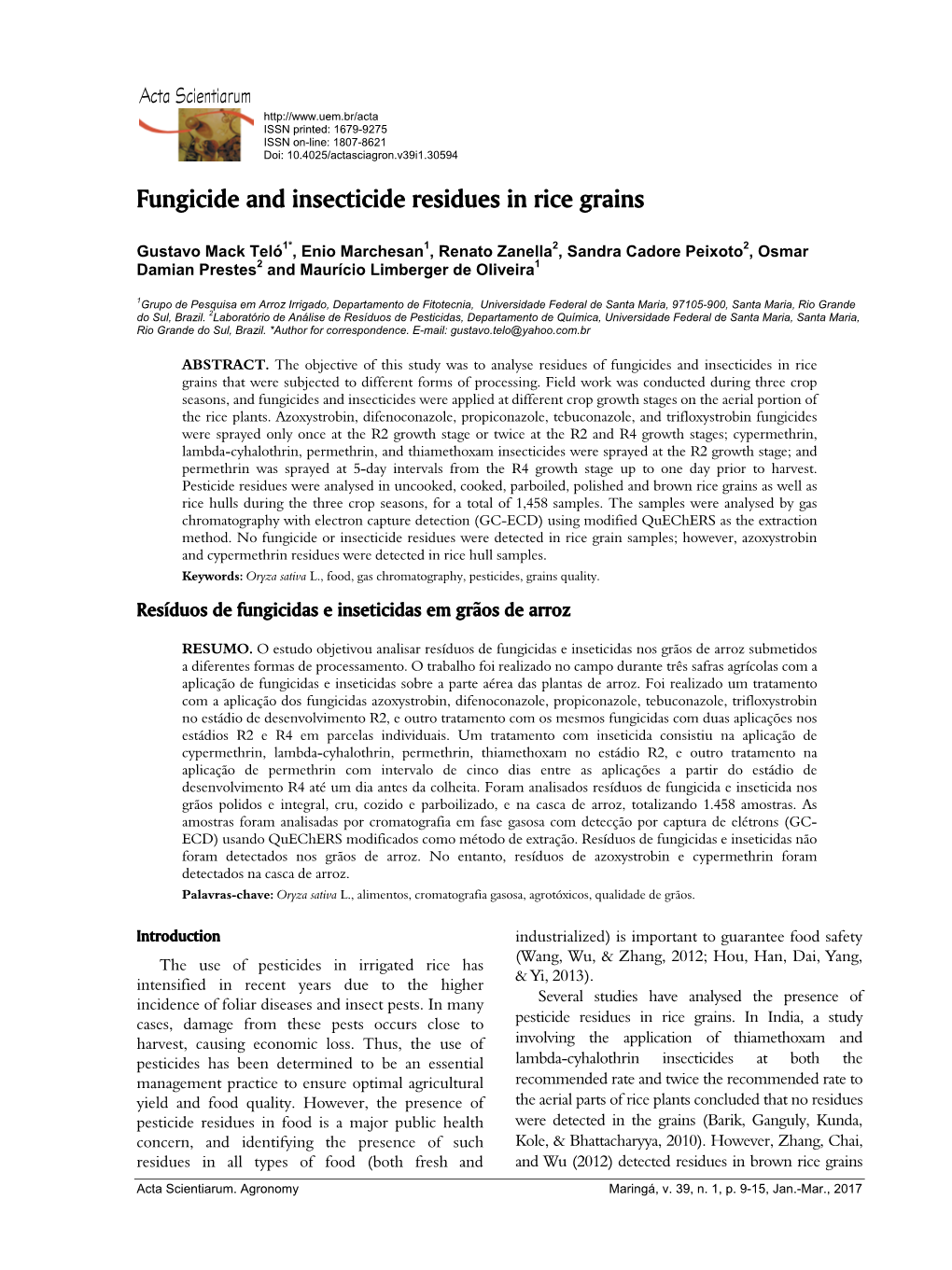 Fungicide and Insecticide Residues in Rice Grains