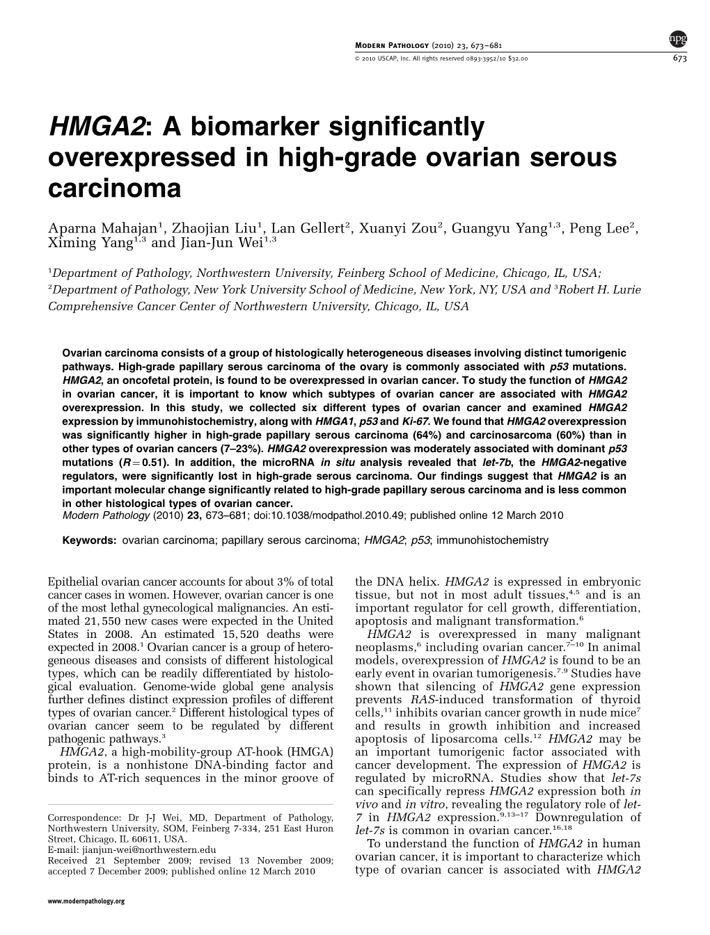 HMGA2: a Biomarker Significantly Overexpressed in High-Grade Ovarian Serous Carcinoma