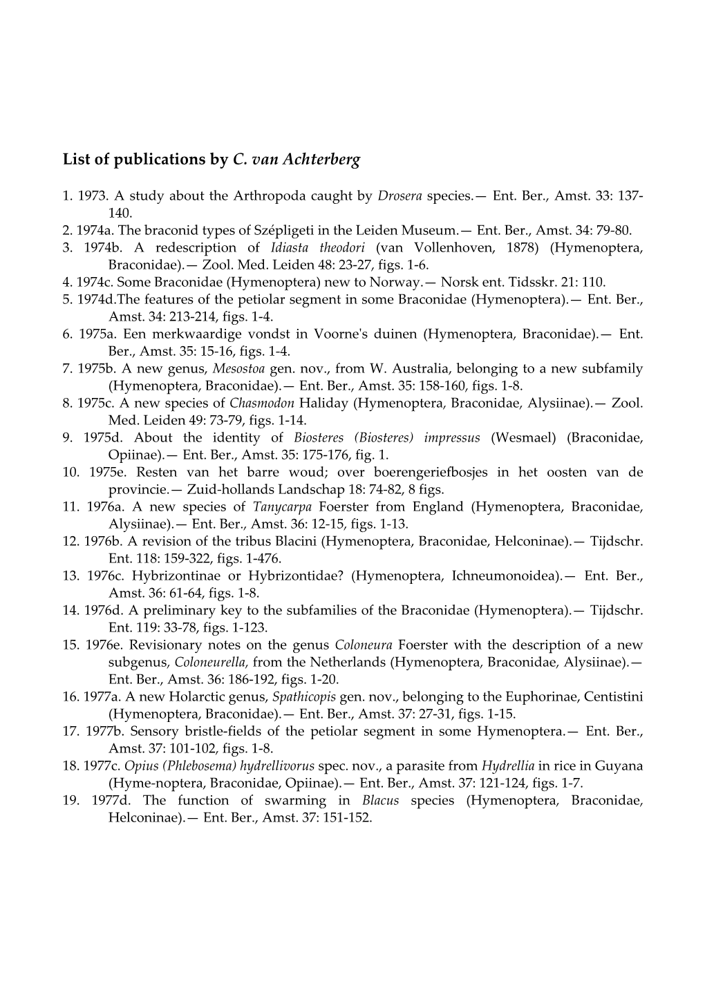 List of Publications by C. Van Achterberg