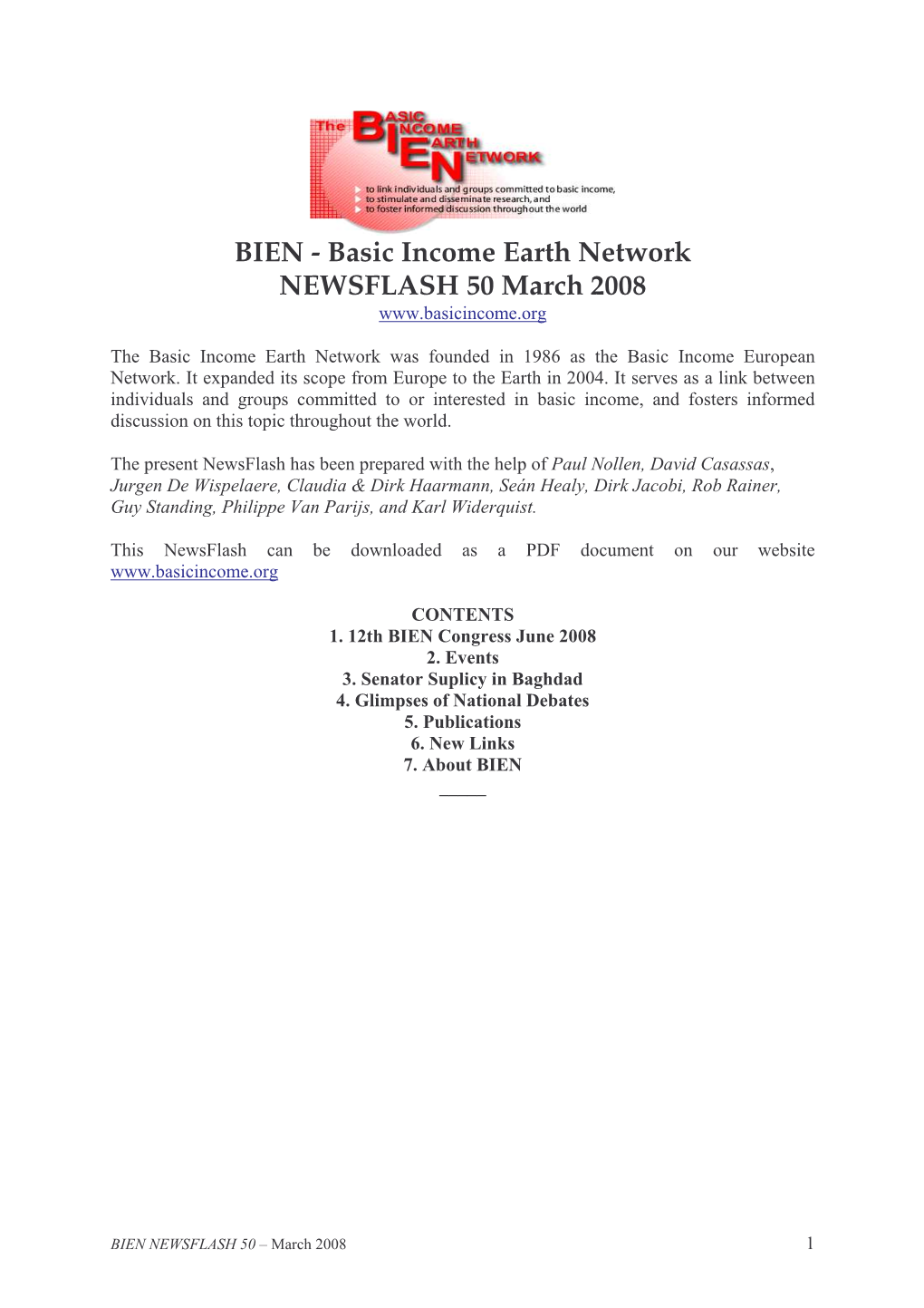 BIEN - Basic Income Earth Network NEWSFLASH 50 March 2008