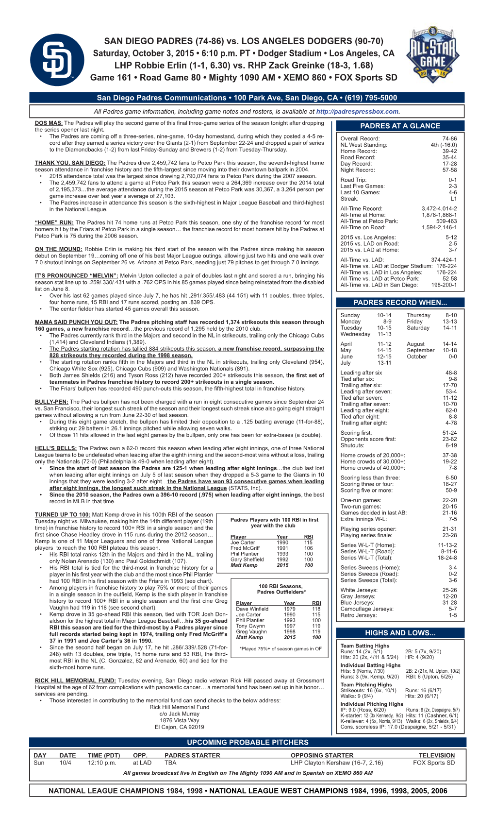 SAN DIEGO PADRES (74-86) Vs. LOS ANGELES DODGERS (90-70) Saturday, October 3, 2015 • 6:10 P.M