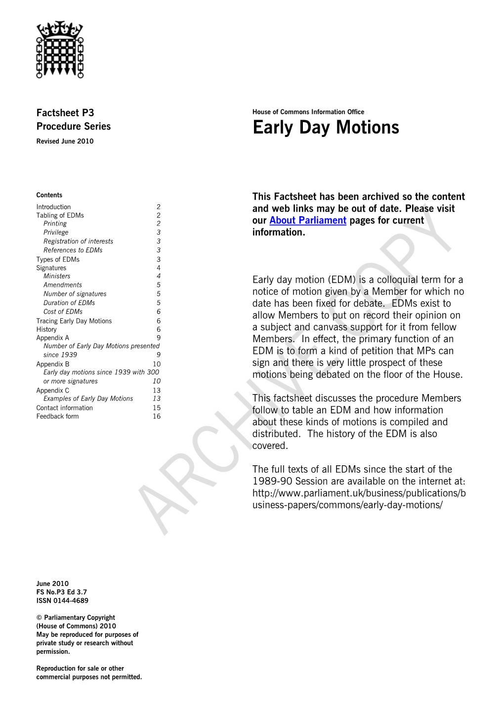 Early Day Motions Revised June 2010