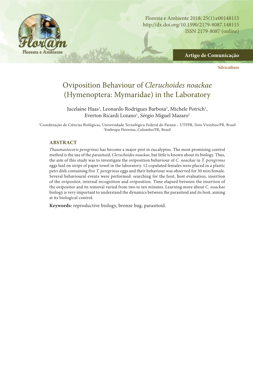 Oviposition Behaviour of Cleruchoides Noackae (Hymenoptera: Mymaridae) in the Laboratory