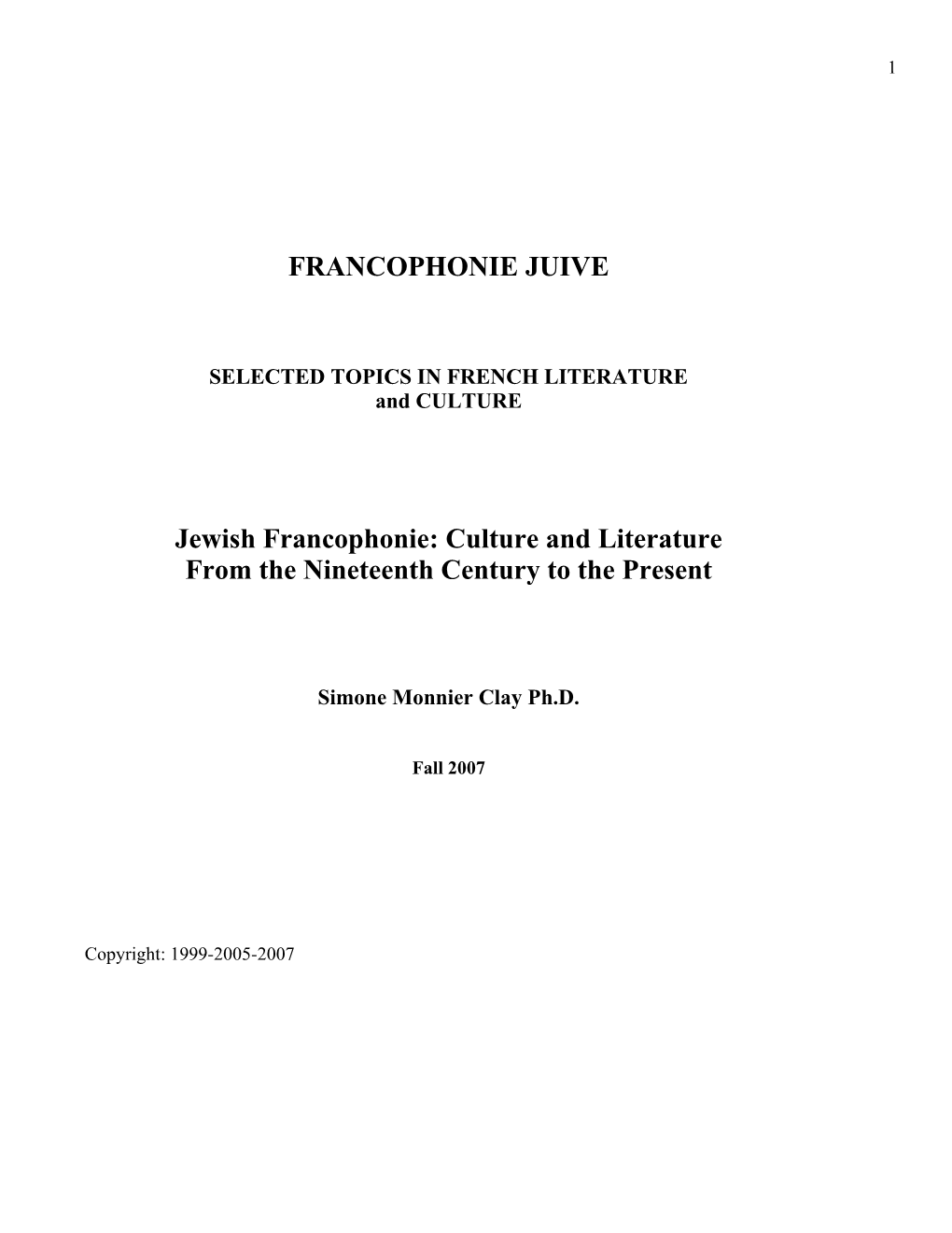 Jewish Francophone Culture And Literature