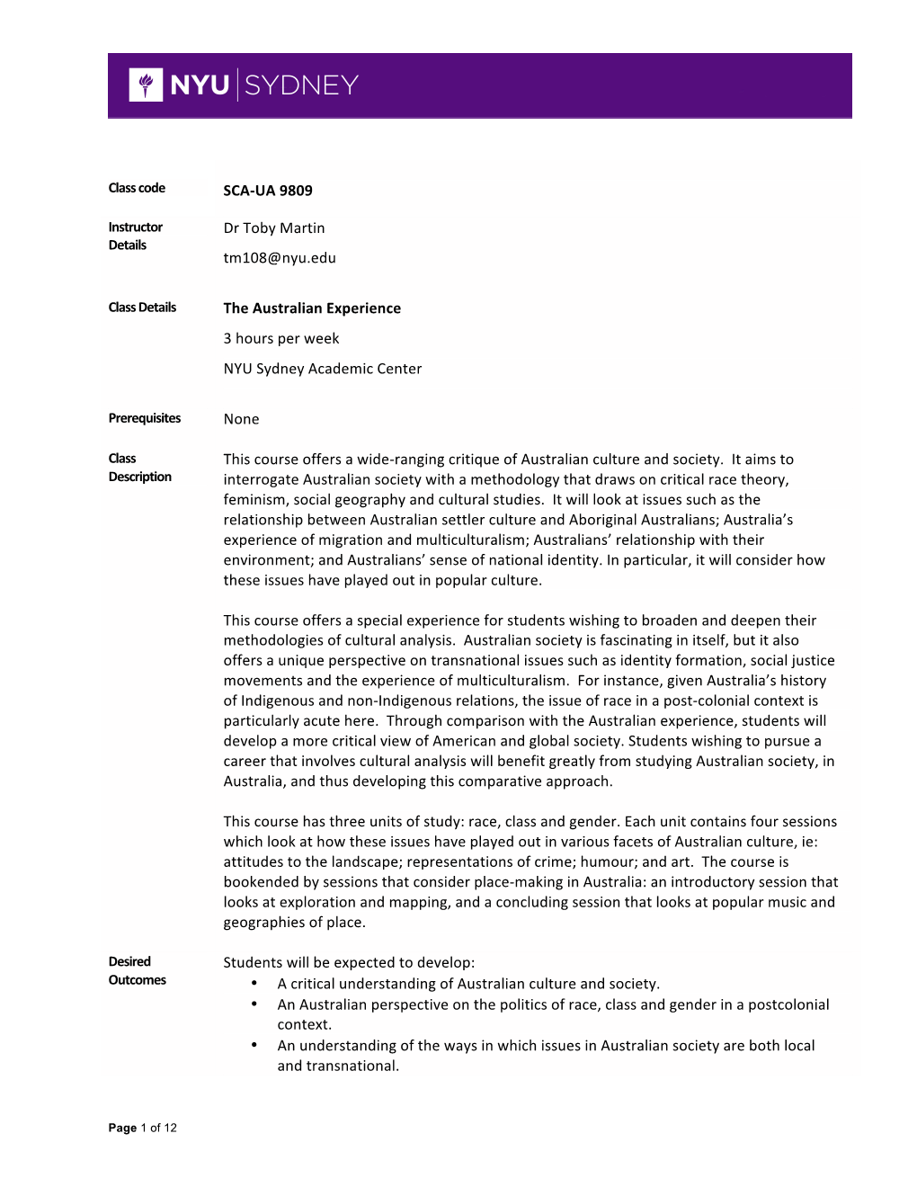 SCA-‐UA 9809 Dr Toby Martin Tm108@Nyu.Edu the Australian