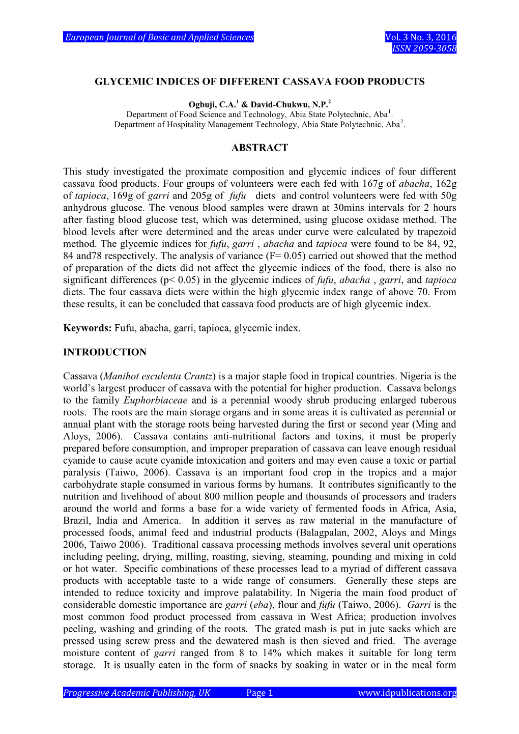 Glycemic Indices of Different Cassava Food Products