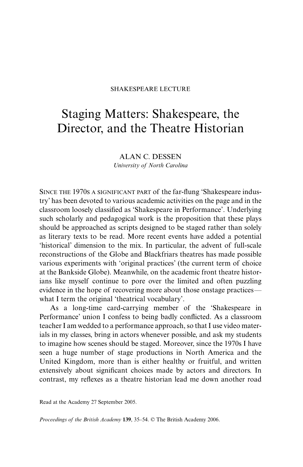 Staging Matters: Shakespeare, the Director, and the Theatre Historian