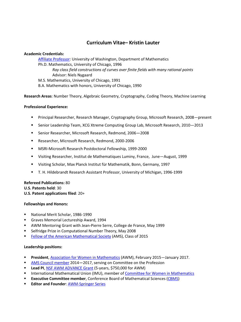 Curriculum Vitae– Kristin Lauter