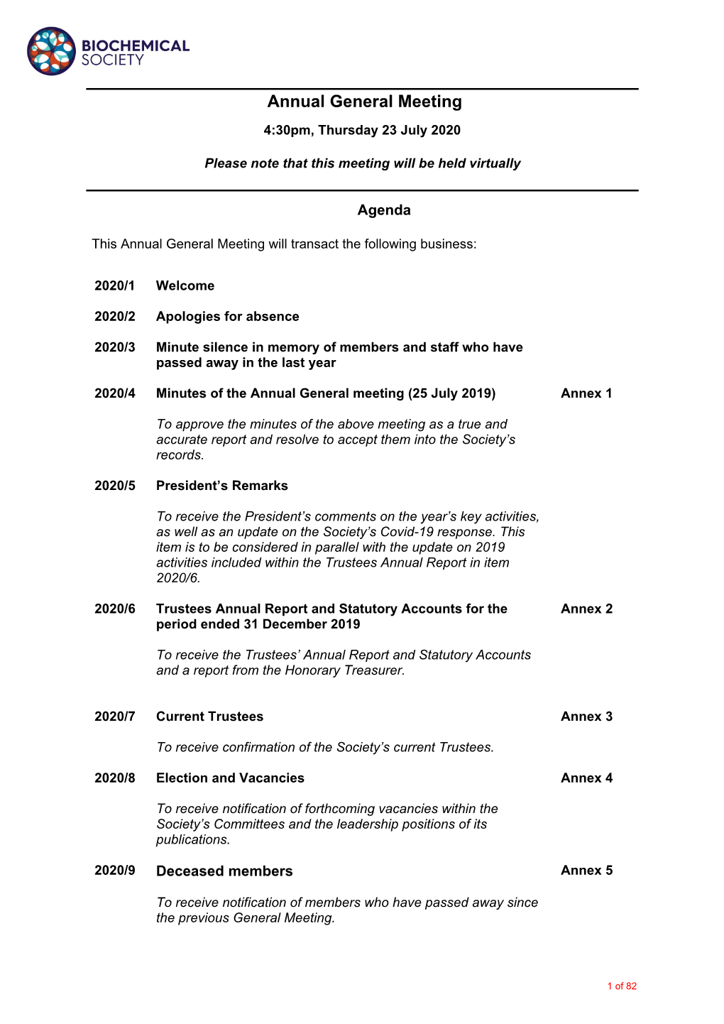 Annual General Meeting 4:30Pm, Thursday 23 July 2020