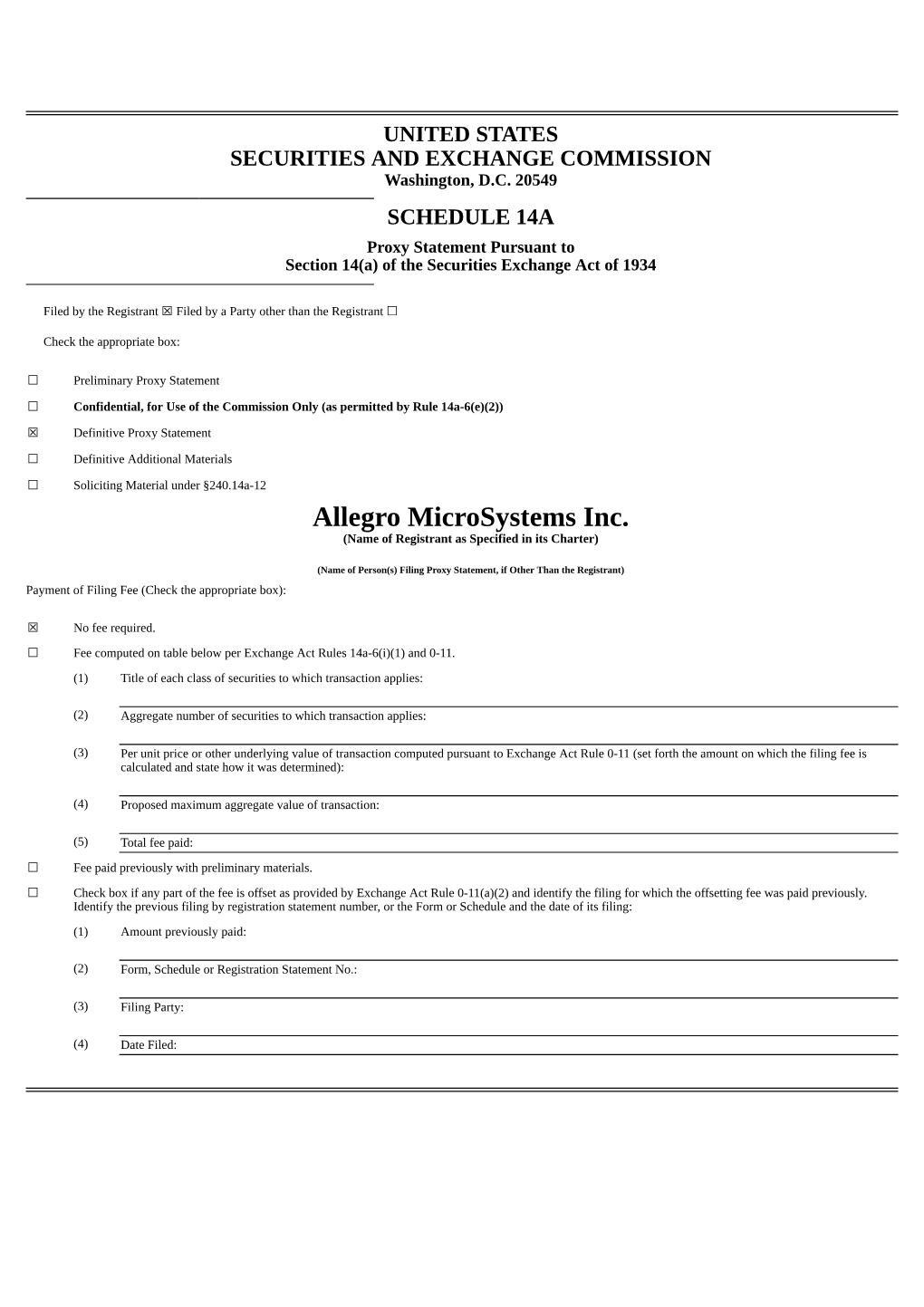 Allegro Microsystems Inc. (Name of Registrant As Specified in Its Charter)