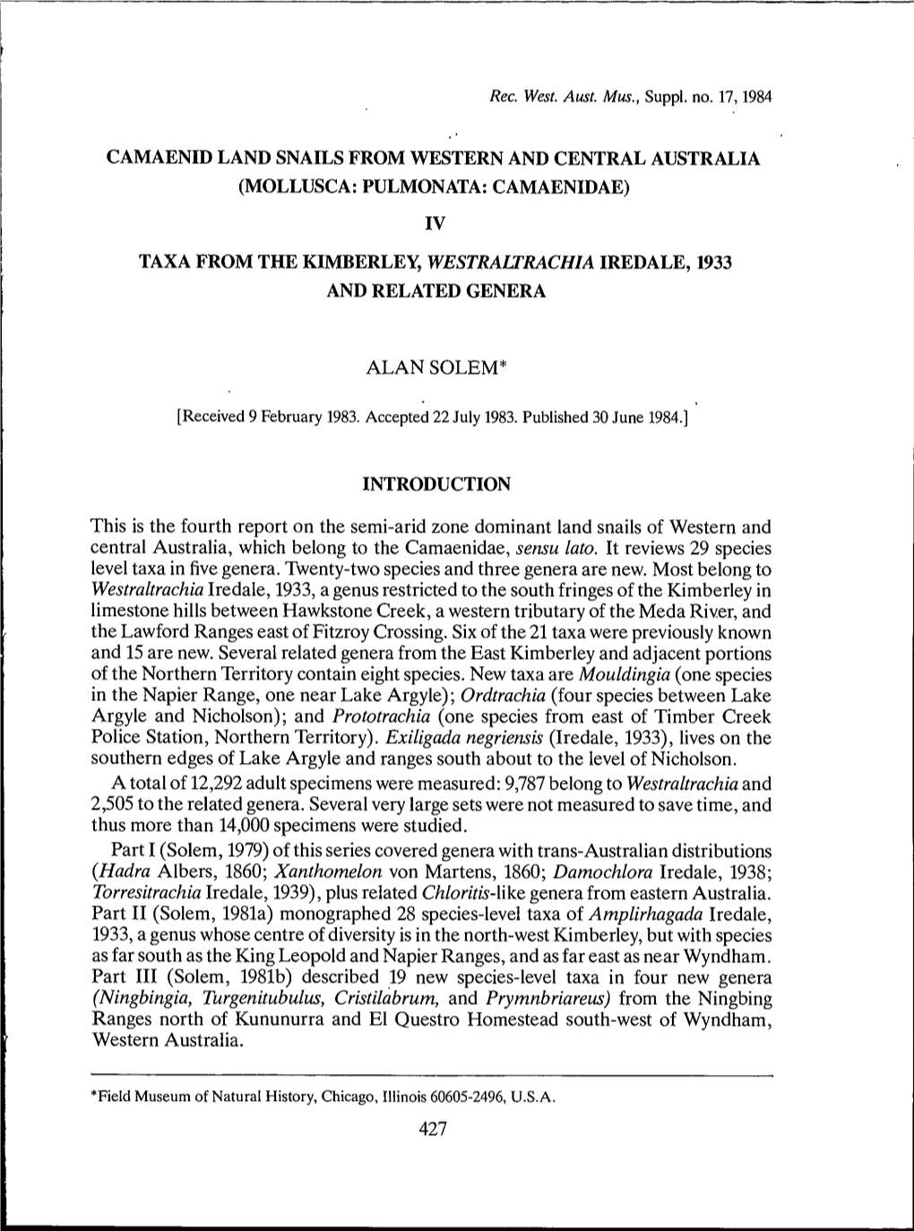 Camaenid Land Snails from Western and Central Australia (Mollusca: Pulmonata: Camaenidae) Iv Taxa from the Kimberley, Westrau'rachia Iredale, 1933 and Related Genera