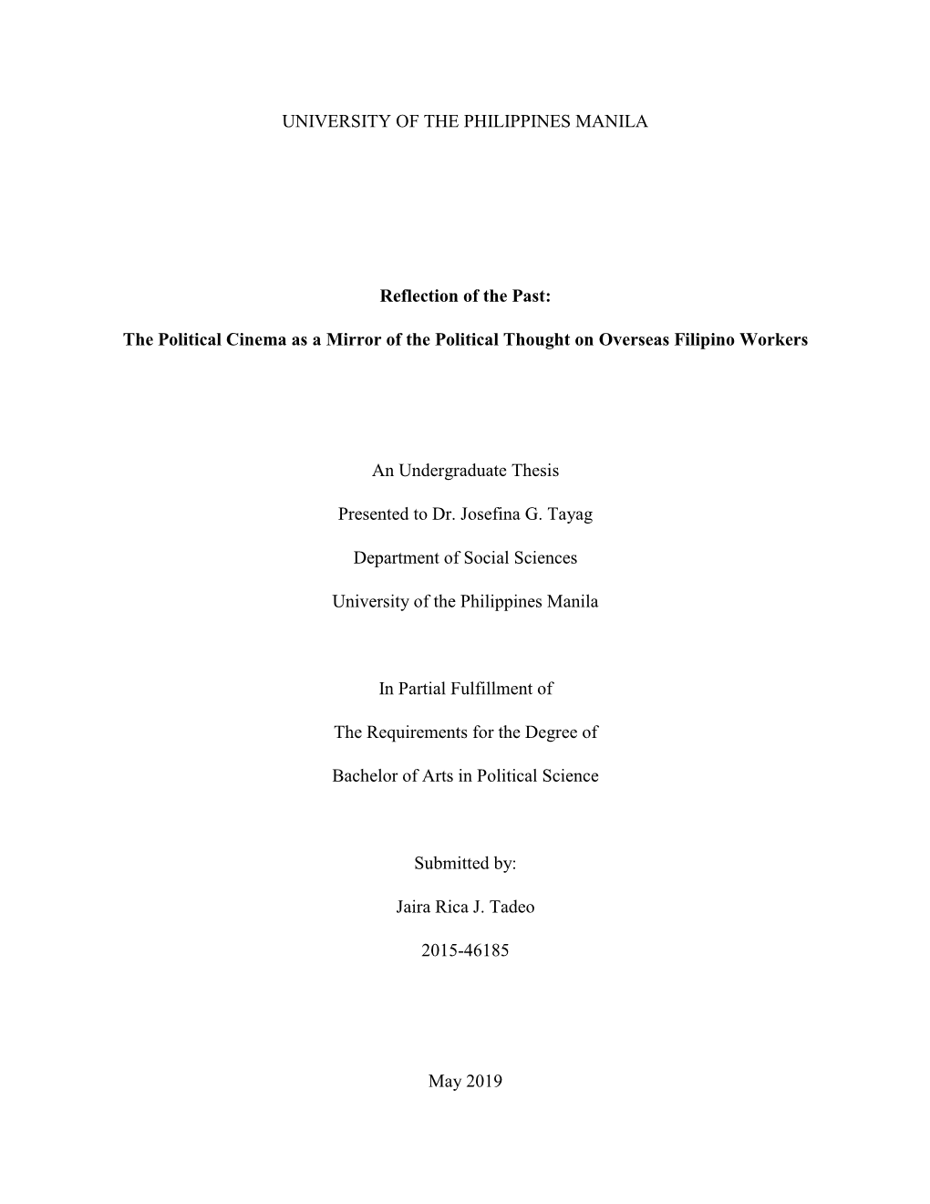 The Political Cinema As a Mirror of the Political Thought on Overseas Filipino Workers