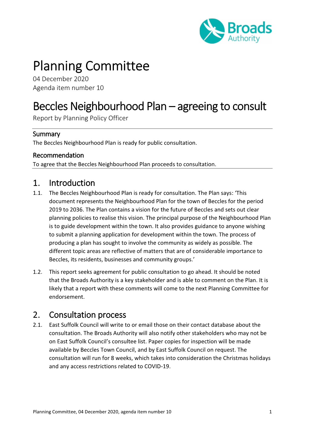 Beccles Neighbourhood Plan – Agreeing to Consult Report by Planning Policy Officer