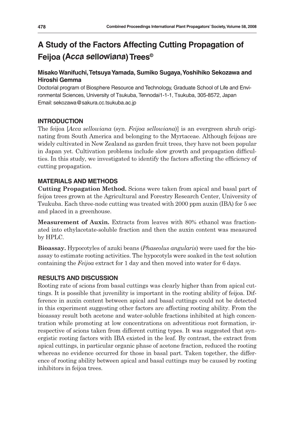 A Study of the Factors Affecting Cutting Propagation of Feijoa (Acca Sellowiana) Trees©