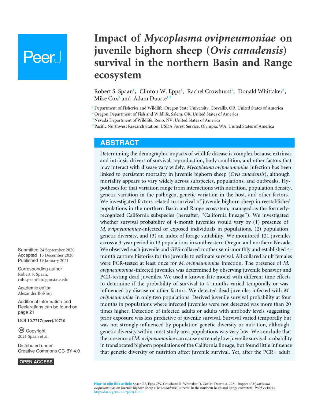 Ovis Canadensis) Survival in the Northern Basin and Range Ecosystem