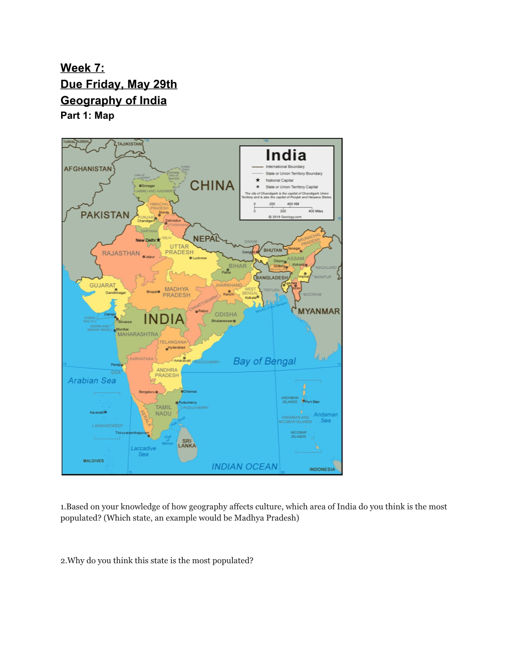 Week 7: Due Friday, May 29Th Geography of India Part 1: Map