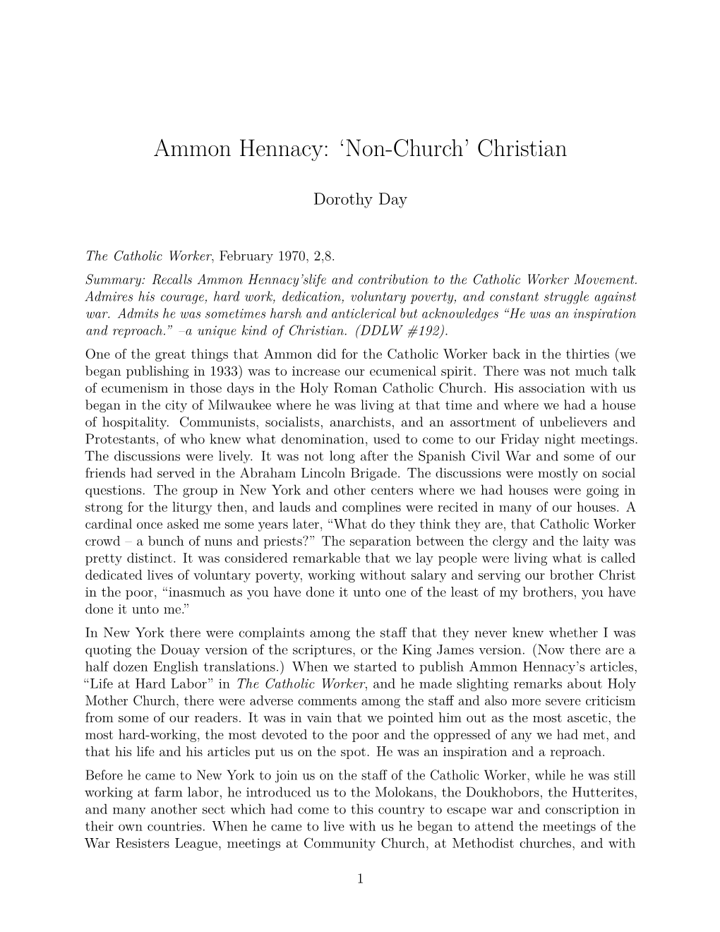 Ammon Hennacy: ‘Non-Church’ Christian