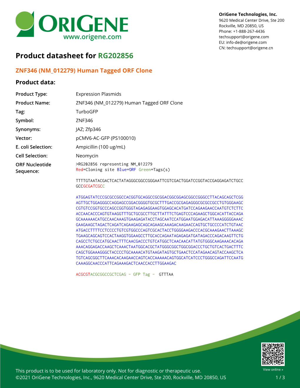 ZNF346 (NM 012279) Human Tagged ORF Clone – RG202856