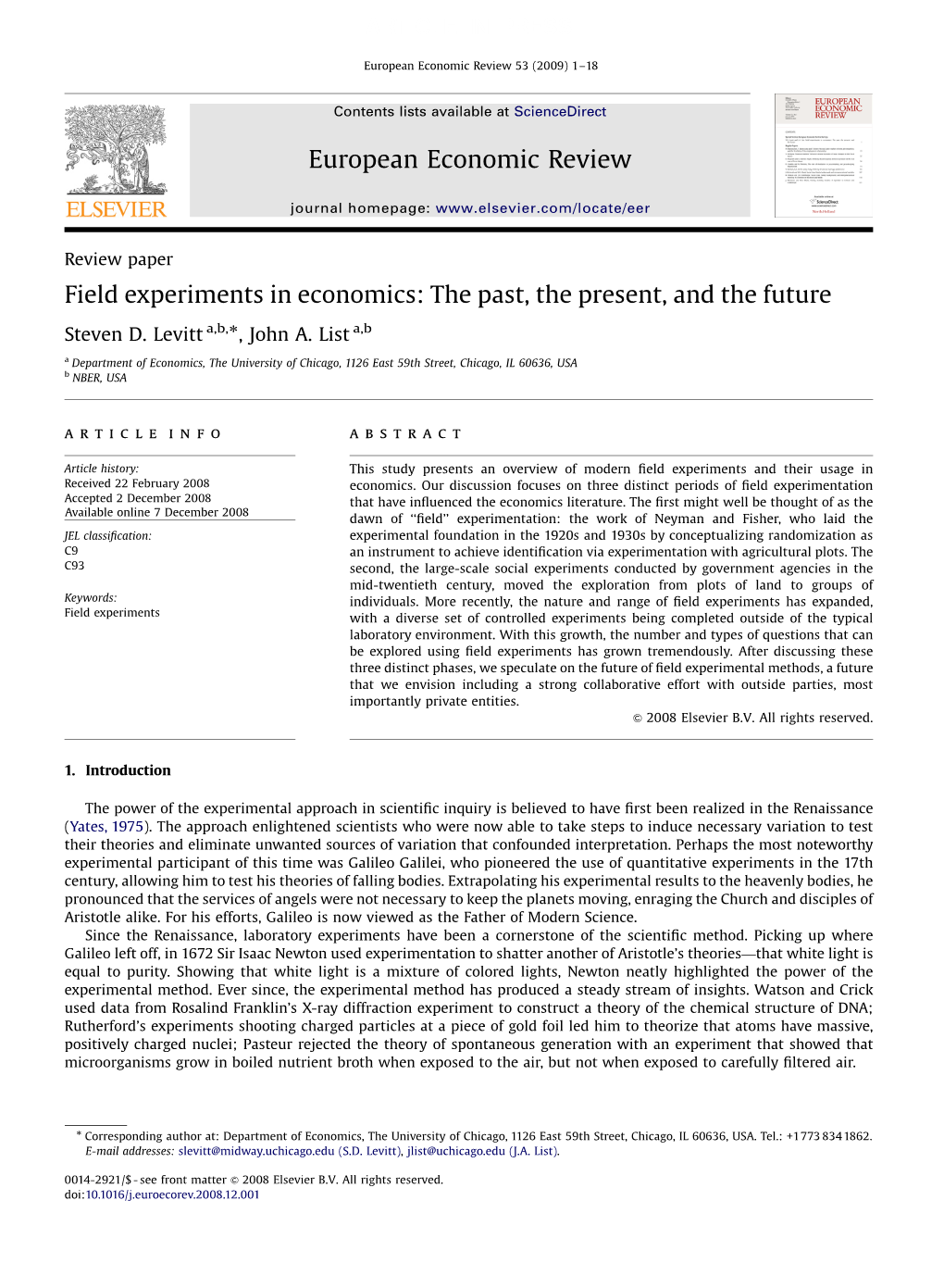 Levitt, List, Field Experiments in Economics