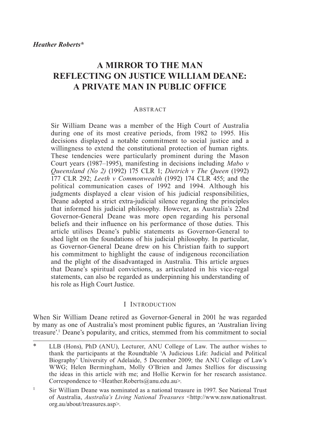 A Mirror to the Man Reflecting on Justice William Deane: a Private Man in Public Office