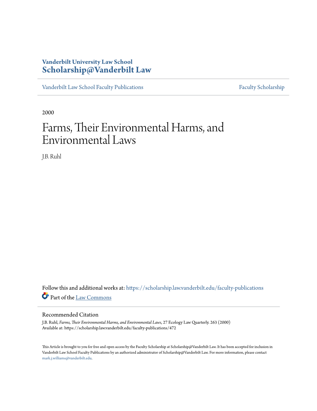 Farms, Their Environmental Harms, and Environmental Laws, 27 Ecology Law Quarterly