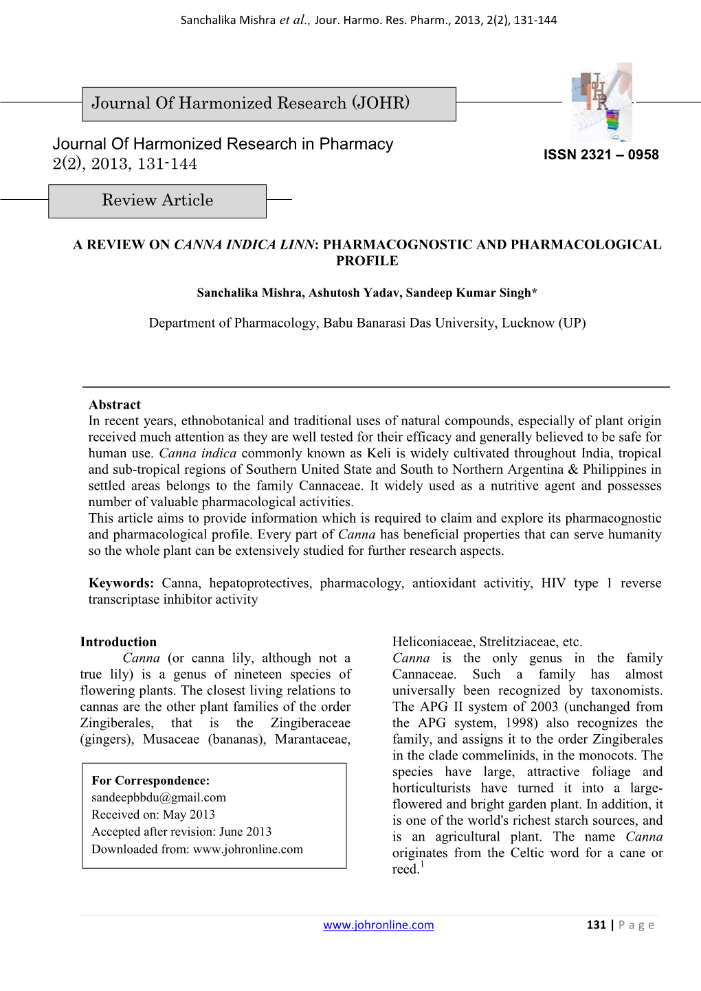 A Review on Canna Indica Linn : Pharmacognostic and Pharmacological Profile