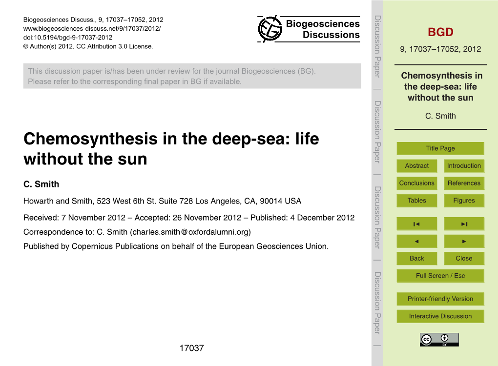 Chemosynthesis in the Deep-Sea: Life Title Page Without the Sun Abstract Introduction