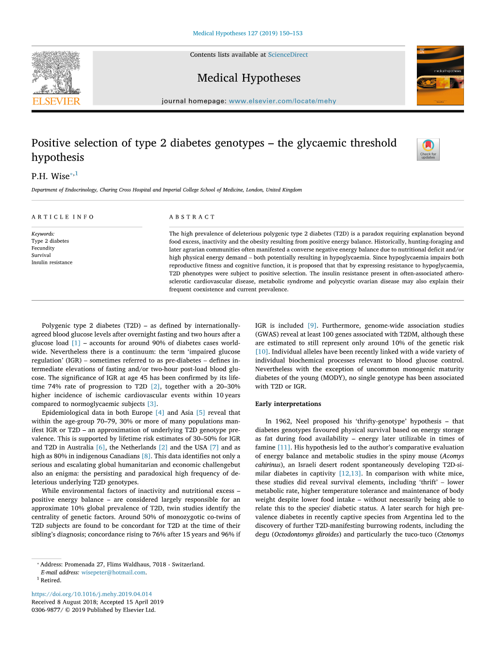 Positive Selection of Type 2 Diabetes Genotypes – the Glycaemic Threshold Hypothesis T ⁎ P.H