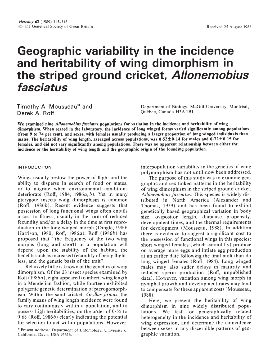 And Heritability of Wing Dimorphism in the Striped Ground Cricket, Allonemobius Fascia Tus