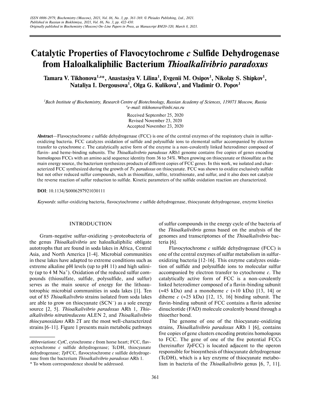 Catalytic Properties of Flavocytochrome C Sulfide Dehydrogenase from Haloalkaliphilic Bacterium Thioalkalivibrio Paradoxus