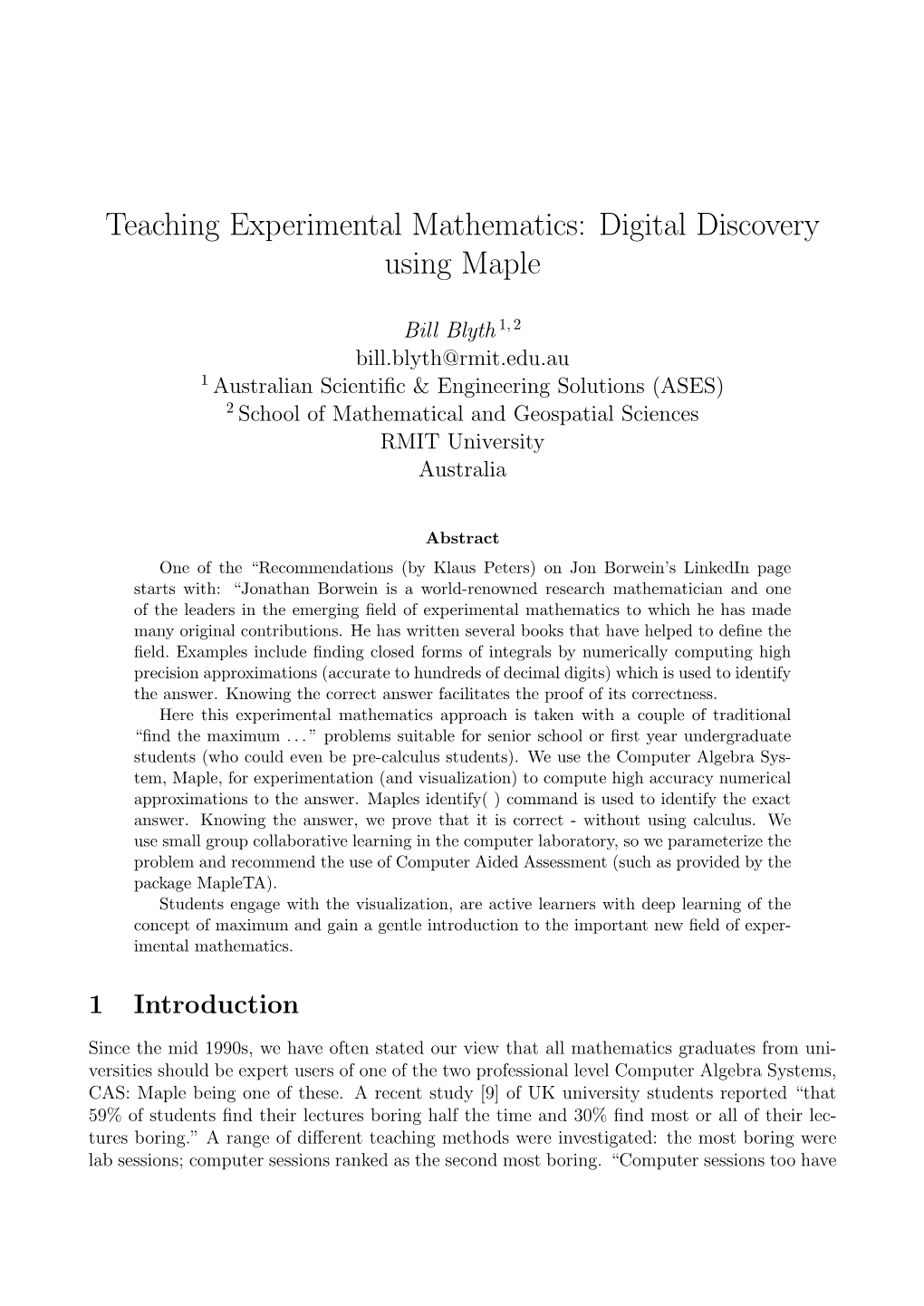 Bill Blyth, Teaching Experimental Mathematics: Digital Discovery Using Maple