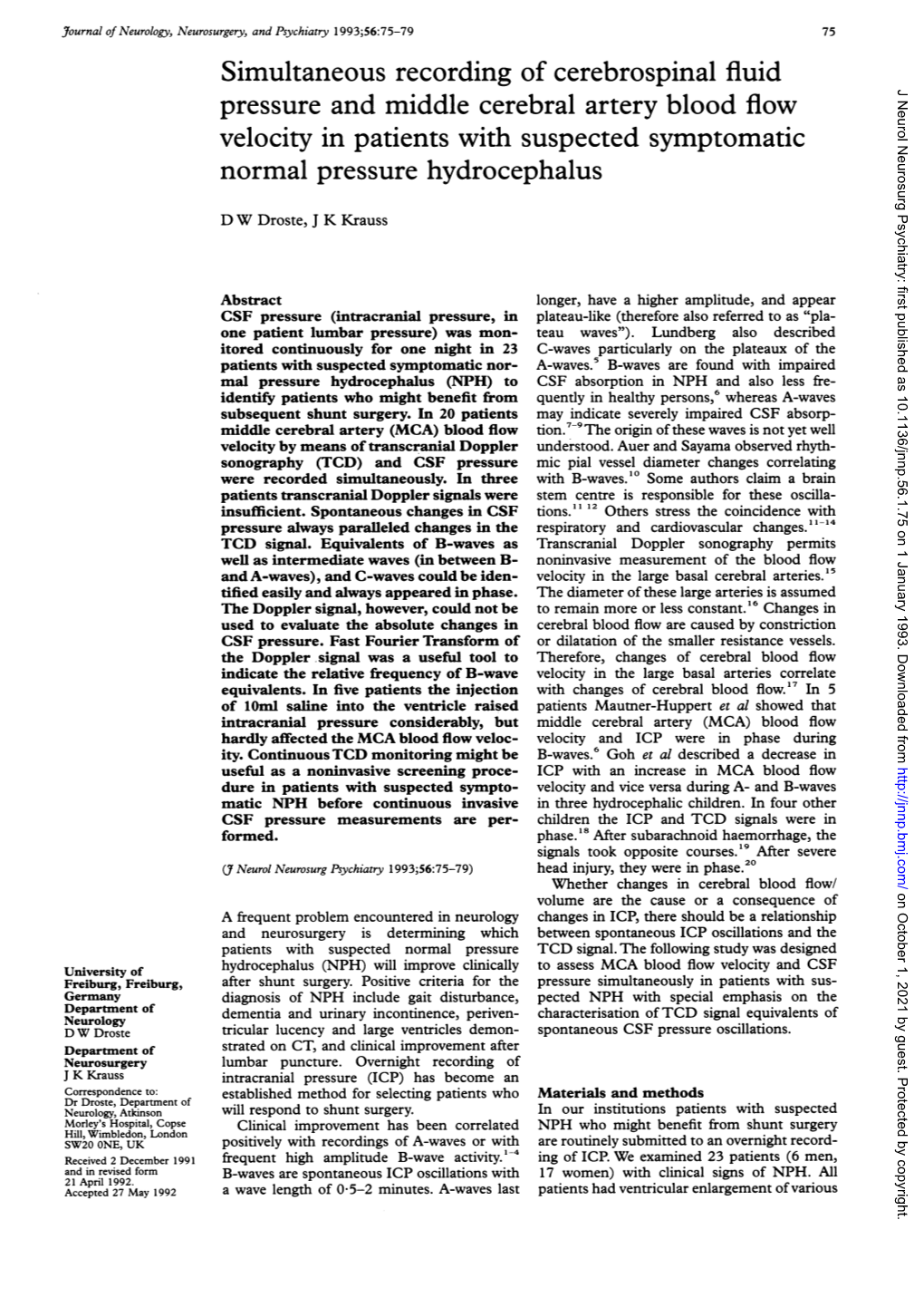 Pressure and Middle Cerebral Artery Blood Flow Velocity in Patients with Suspected Symptomatic Normal Pressure Hydrocephalus